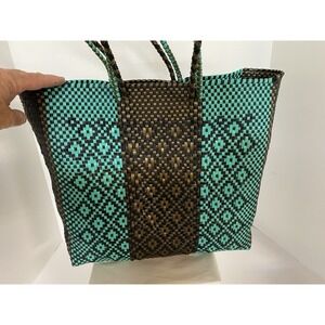 Teal and Brown/Black PVC  Double Handle Bag Handmade  Mexico EUC!